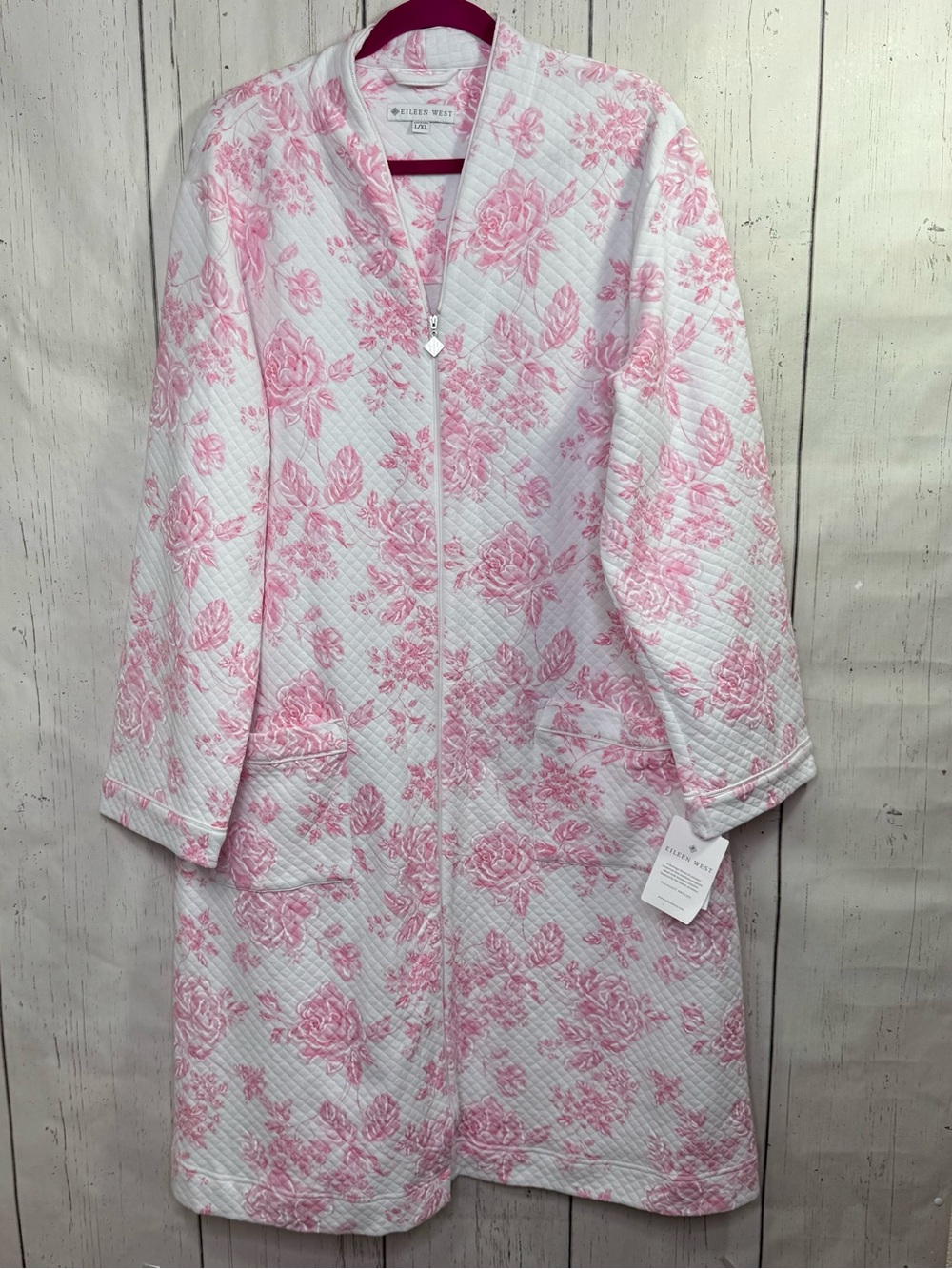 Eileen West Pink Floral Quilted Zip Front Robe Housecoat Cottagecore Cozy L/XL